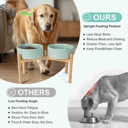 SPUNKYJUNKY Elevated Dog Bowls Ceramic, 8.3'' Dogs Food Water Bowls Raised with Non-Slip Bamboo Stand for Large Sized Breed Microwave Dishwasher Safe - 60 OZ,Light Green