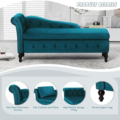 ACMEASE Upholstered Chaise Lounge with Left Armrest & Lumbar Pillow,Button Tufted Lounge Sofa with Storage,Lounge Chair Indoor,Modern Velvet Lounge Chair for Bedroom, Living Room and Office,Teal