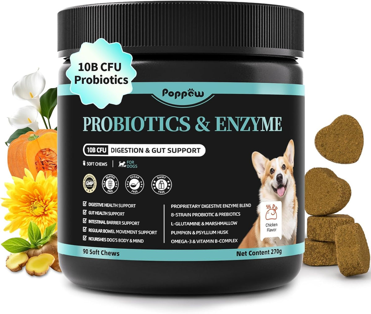 Probiotics for Dogs, Digestive Enzymes for Gut Health Support, Dog Fiber Supplement with Pumpkin for Diarrhea & Bowel Support, Upset Stomach & Gas Relief, Constipation - 90 Count Chicken Flavor