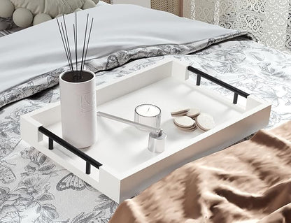 Bamboo Serving Tray with Metal Handles,15x10in Ottoman Decorative Trays Platter for Coffee Table,Living Room,Bar,Party,Mediuml(White)