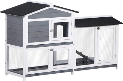 PawHut 62" Rabbit Hutch, Wooden Bunny Hutch, Guinea Pig Cage, Small Animal Enclosure with Run Area, Removable Tray, Asphalt Roof, Lockable Doors and Ramp, Gray