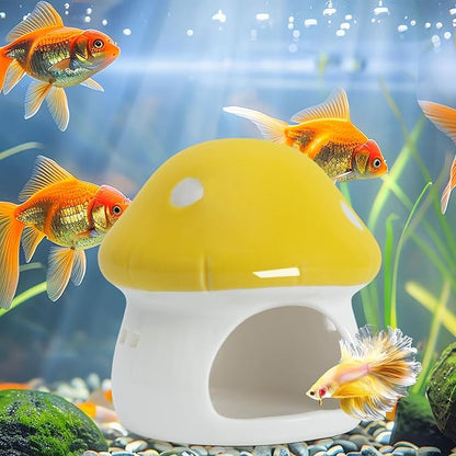 AnRui Ceramic Mushroom Aquarium Decor Cute Mini House Betta Fish Tank Accessories Decoration Hideaway Hideout Cave Ornament for Small Fish, Shrimp, Goldfish and Reptiles (Yellow, Small)