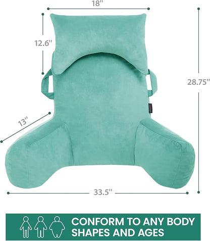 Unisakey Portable Reading Pillows with Headrest for Bed Sitting Up(Lake Blue Oeko-Tex), Velvet Back Pillow with Arms & Pockets for Adults, Support Memory Foam Bed Pillow for Dorm/Watching/Gaming