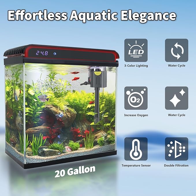 Glass 20 Gallon Fish Tank Aquarium - Smart Self-Cleaning Starter Kit with 3-Color LED Light, Ultra Quiet Pump & Filter, Temperature Monitoring for Betta Fish and Shrimp