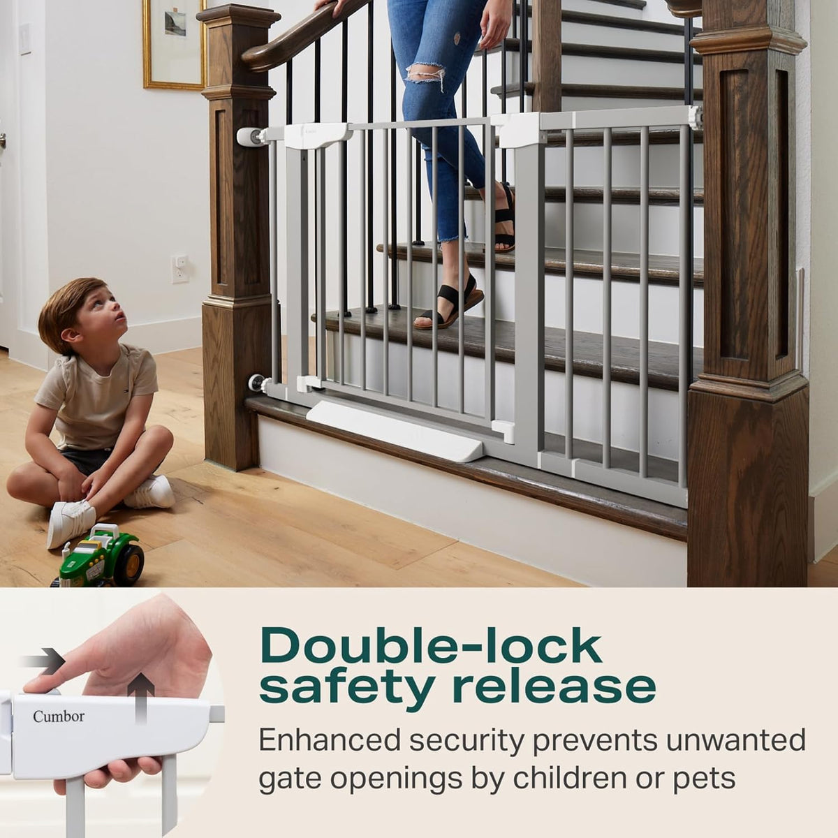 Cumbor 29.7-46" Baby Gate for Stairs, Gifts for Mom-Auto Close Dog Gate for The House, Easy Install Pressure Mounted Pet Gates for Doorways, Easy Walk Thru Wide Safety Gate for Dog, Gray