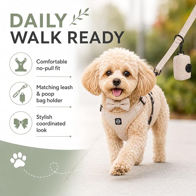EVERKING 5-Piece Dog Travel Set, Adjustable Harness, Leash, Collar, Poop Bags, Bowtie for Small Medium Dogs, Beige, Breathable No-Pull Design (Beige, S)