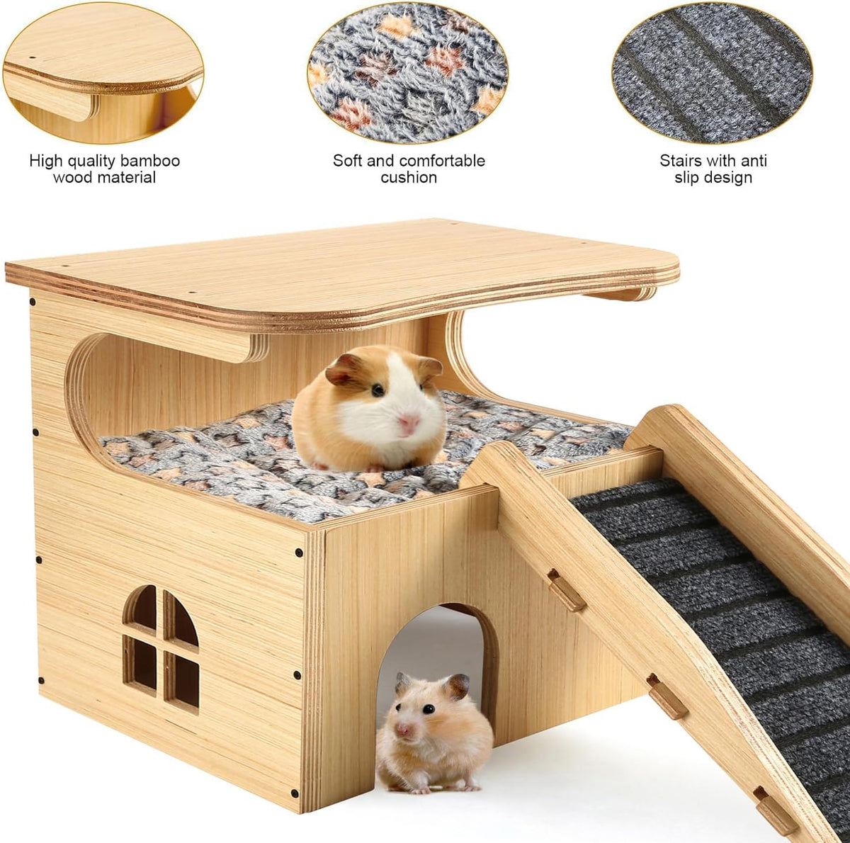 Upgraded Thickened Board Wooden Guinea Pig Castle Hideout - Spacious & Long-Lasting Small Pet Mansion with Stairs & Mat for Guinea Pigs, Chinchillas, Rats, Hamsters, and Bunnies