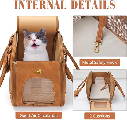 Dog Carrier Purse, Pet Carrier, Foldable Waterproof Premium PU Leather Pet Travel Portable Bag Carrier for Cat and Small Dog Home & Outdoor Small Brown