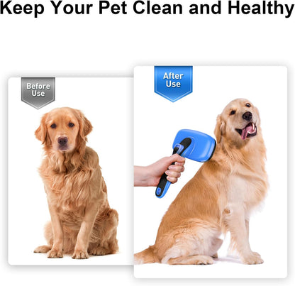 Dogs Cats Self Cleaning Slicker Brush for Shedding & Grooming Any Breed of Pets, Removes Loose, Undercoat, Mats, Tangled Hair for Small Medium Large Animal With Long Short Fur Length, Blue