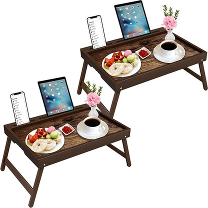 2 Pack Bamboo Breakfast Tray with Foldable Legs & Detachable Stand | Ergonomic Handle | Portable Bed Tray for Eating, Working, Laptop, Tablet, and Phone