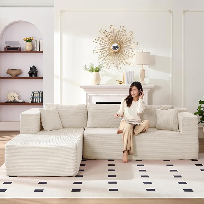 PUREMIND 106" White Cloud Sectional Couch Sectional Couches for Living Room, Corduroy L Shape Sofa with Deep Seat, Modular Boneless Foam Couch Corner Couches No Assembly Required