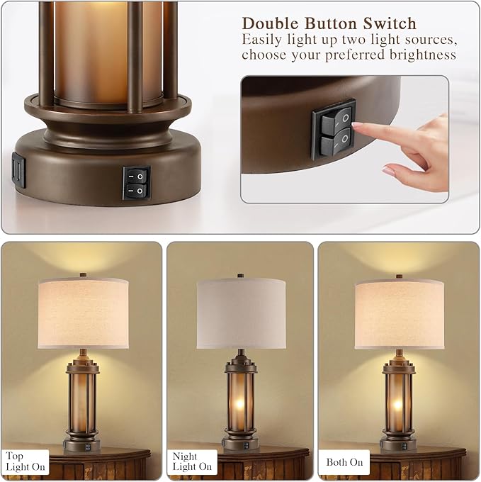 Set of 2 Farmhouse Table Lamps for Living Room, Rustic Vintage Bedside Lamps with 2 USB Ports, Bedroom Nightstand Lamp with Amber Glass Nightlight for End Table Entryway, 4 Bulbs Includes