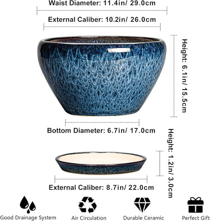 Ceramicfor Ceramic Planter 11 Inch - Ceramic Pots for Plants Indoor Outdoor, Large Plant Pot with Drainage Hole and Saucer, Decorative Round Planter, Plant Lover Gifts, Garden Decor, Blue