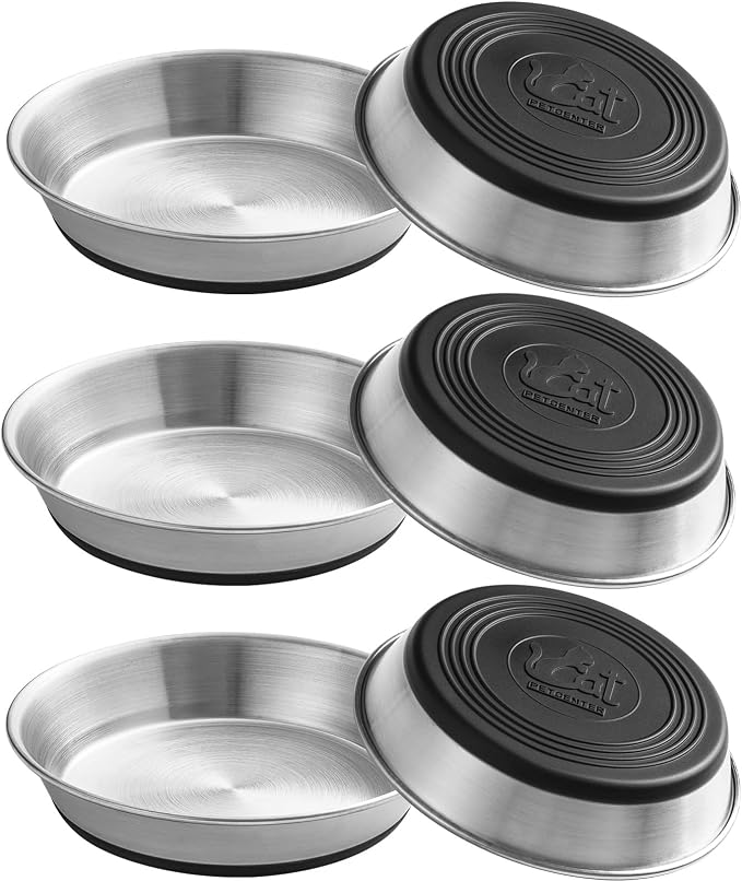 WROSWT Stainless Steel Cat Bowls,Whisker Friendly Shallow Cat Dishes for Food and Water,Non-Slip Silicone Bottom,Heavy Duty,Replacement Kitten Metal Plate for Elevated Stands,6 Pack