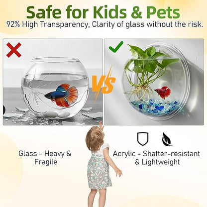 iplusmile Wall Mounted Fish Bowl - 9 Inch Round Acrylic Betta Fish Tank, Hanging Bubble Vase for Plant Propagation & Home Office Wall Decorations