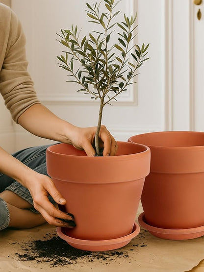 INGOFIN 12 Inch Terracotta Pot Set of 2 with Saucer - Ceramic Clay Pot for Plants with Drainage Hole, Large Terra Cotta Flower Planter with Tray for Indoor Outdoor Plants