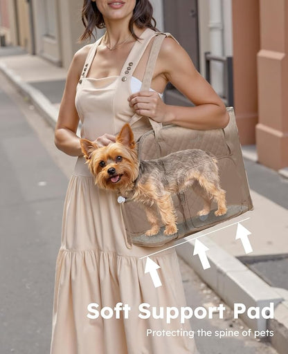 Pecute Dog Purse Carrier, Dog Carrier with Pockets for Small Dogs, Fits Dogs 5 lbs to 9 lbs, Cat and Puppies Tote Bag, Outing, Travel, Vet, Khaki | Breathable,Foldable,Large Pocket,Built-in safety Rope,Machine washable,Under 9 Lbs