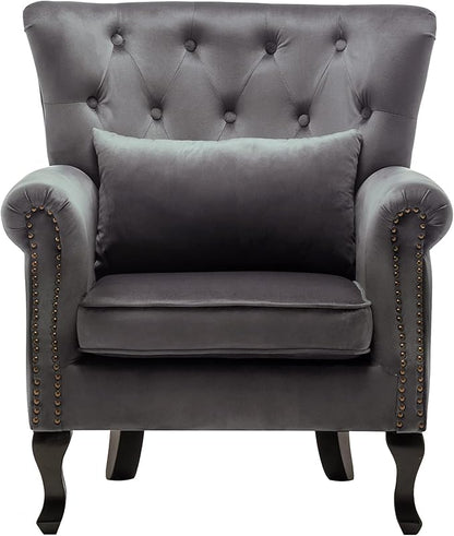 DM Furniture Mid Century Accent Chair Modern Button Tufted Armchair Wingback Club Chair Velvet Single Sofa Lounge Chair with Pillow for Living Room Bedroom, Grey