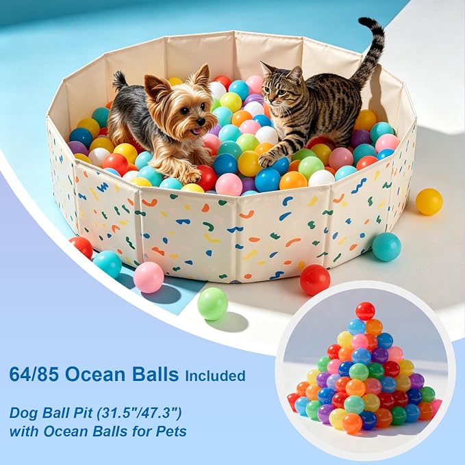 Foldable Dog Pool & Dog Ball Pit with Balls Included, Portable Multifunctional Ball Pit for Dogs & Cats, Anti-Collapse Non-Slip Pet Play Pool (Beige L+85 Balls)