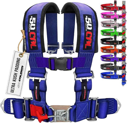 1pc 50 Cal Blue 4 Point Harness 2" straps, Racing Harness Seat Belt | Ultra Kush padding, Push Button quick release hardware. Universal Fit for UTV, RZR, race car
