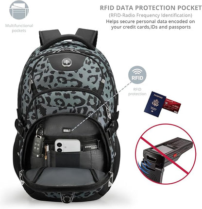 Swissdigital Laptop Backpack with USB Charging Port, Travel Backpack Fits 15.6 inches Computer, 31L Backpack for Men, Gray Leopard | SD803-101