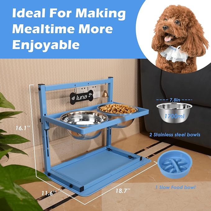 SHAINFUN Blue Raised Dog Bowl Stand with Two 1700ml Stainless Steel Food Bowl, a Slow Feeder and Spill Proof Mat, Adjustable Elevated Dog Bowls for Large Medium and Small Breeds