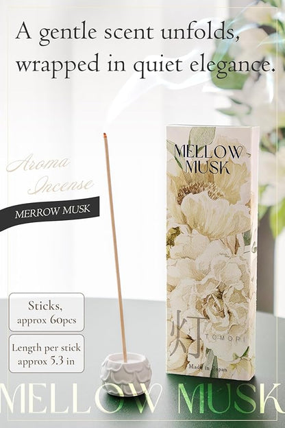 White Musk Luxury Japanese Incense Sticks 60sticks Mellow Musk Bergamot Vanila Coreless Low Smoke Natural Charcoal Free Non Toxic Aromatherapy Meditation Calming Stress Relief Relaxation Yoga TOMORI
