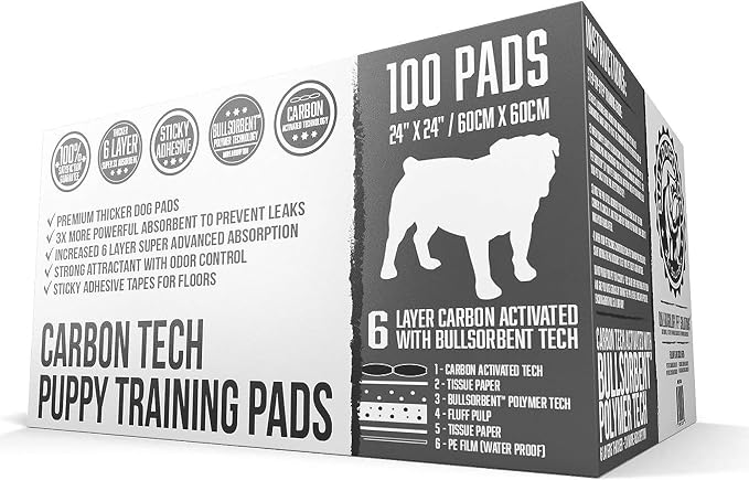 Bulldoglogy Carbon Black Puppy Pee Pads with Adhesive Sticky Tape - Large Charcoal Housebreaking Dog Training Wee Pads (24x24) 6 Layers with Extra Quick Dry Bullsorbent Polymer Tech (100-Count)
