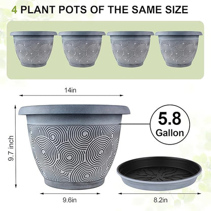 Fodetyff 14 Inch Large Planter Pot for Plants Indoor Outdoor, 4 Pack Plastic Flower Pots with Drainage Hole & Tray, Modern Decorative Garden Pot with Saucer, Plant Container for House