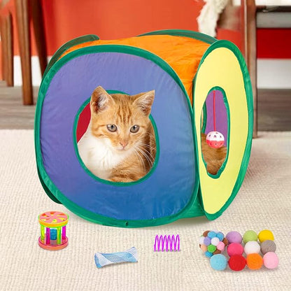 Retro Shaw Cat Toys Bundle 33 Pack, Interactive Kitten Toys for Indoor Cats Kitty with Collapsible Play Tunnel Tube Tent Feather Wand Teaser Bell Fuzzy Ball Springs Mouse Toy
