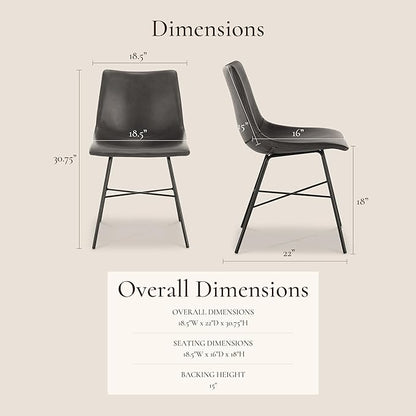 POLY & BARK Paxton Leather Dining Chairs – Set of 2 Modern Dining Room Chairs with Low Back – Faux Leather Upholstery and Matte Black Steel Base – Comfortable Seating for Stylish Interiors – Grey