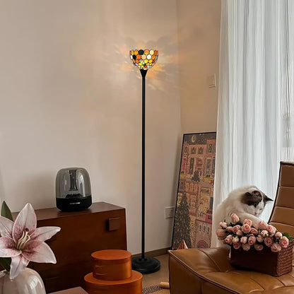Tiffany Floor Lamp Tochiere Standing Multicolored Stained Glass Floor Light Vintage Tall Pole Uplight Lamp Rustic Corner Lamp with Foot Switch for Home Decor Living Room Bedroom
