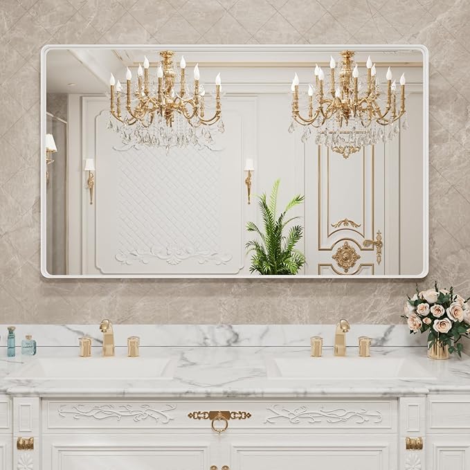 LOAAO 60x36 Inch White Metal Framed Bathroom Mirror