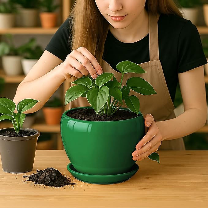 Deep Dream 8 Inch Plant Pots- Ceramic Pots for Plants with Drainage Hole and Saucer, Large Planter Pot for Indoor Plants Outdoor Decor, Green