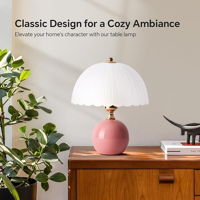 Ceramic Table lamp Set of 2, Modern Bedside Lamps Pink Mid Century Vintage Desk Lamp Retro Glass Mushroom Traditional Lamp for Nightstand Living Room Bedroom Home Decor (S05PK-2PACK)