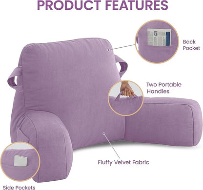 Unisakey Portable Comfy Reading Pillows for Bed Sitting Up(Lavender Purple Oeko-Tex), Velvet Back Pillow with Arms & Pockets for Adults, Support Memory Foam Bed Pillow for Dorm/Reading/Watching/Gaming