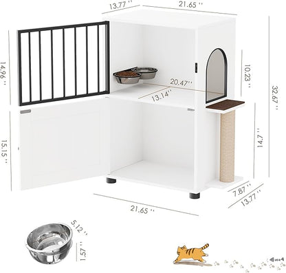 Dog Proof Cat Feeding Station, Dog Proof Cat Feeder, Cat Food Table, White | Cat Feeding Station with Scratching Post, Elevated Food Bowls with Stand, Cat Tree with Food Storage, Cat House