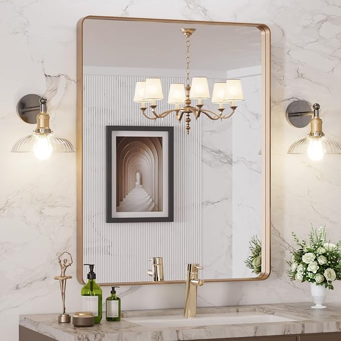 LOAAO 28”X36” Gold Bathroom Mirror, Rounded Rectangle Gold Frame Mirror