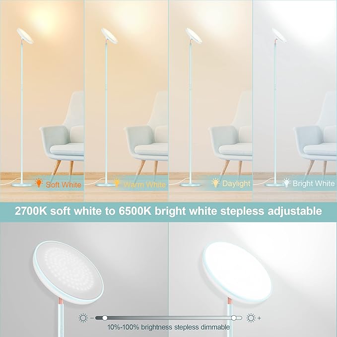 Bright Floor Lamp for Living Room, 42W LED Room Lights with Remote, 3700LM RGBW Modern Tall Standing Light, Color & Brightness Dimmable, UFO Ring Lamp,1/2/3H Timer for Bedroom,Office(Blue