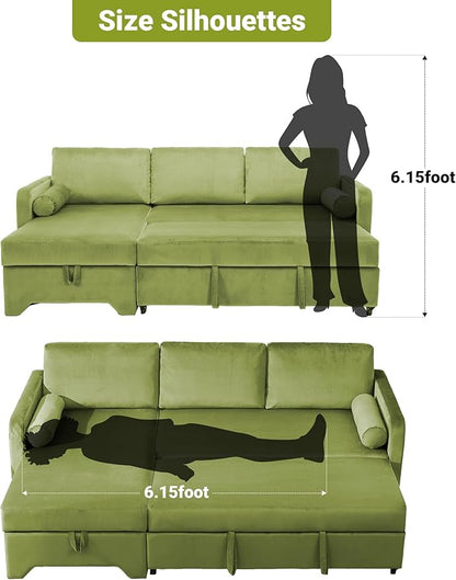 Tbfit 90.6'' 3 in 1 Sleeper Sofa Couch with Storage Chaise, Velvet Sofa Bed with Pull Out Bed, Convertible Sleeper Sofas for Living Room, Small Spaces, Green