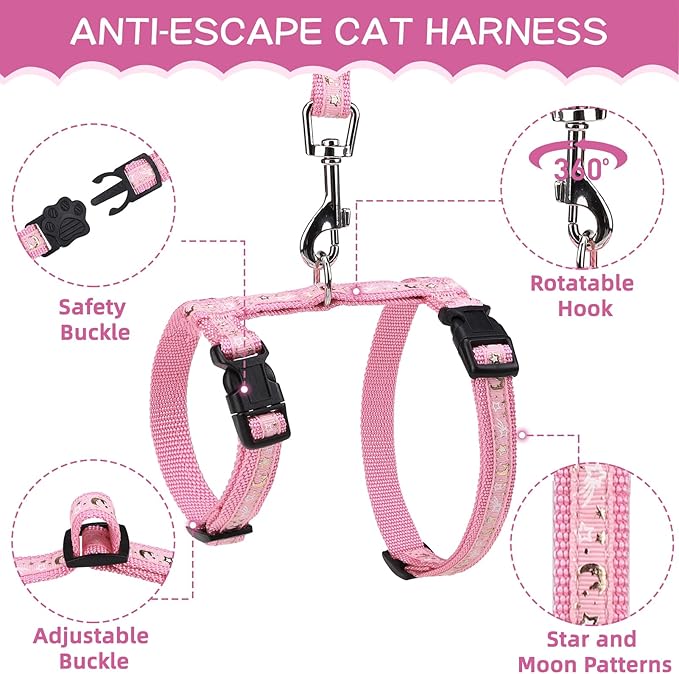 PAWCHIE Cat Harness with Leash and Collar Set - Escape Proof Adjustable H-shped Cat Harness with Star and Moon Pattern Glow in The Dark for Kitty Outdoor Walking, Pink M