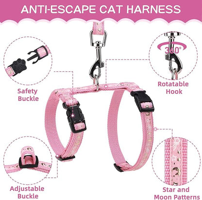 PAWCHIE Cat Harness with Leash and Collar Set - Escape Proof Adjustable H-shped Cat Harness with Star and Moon Pattern Glow in The Dark for Kitty Outdoor Walking, Pink M