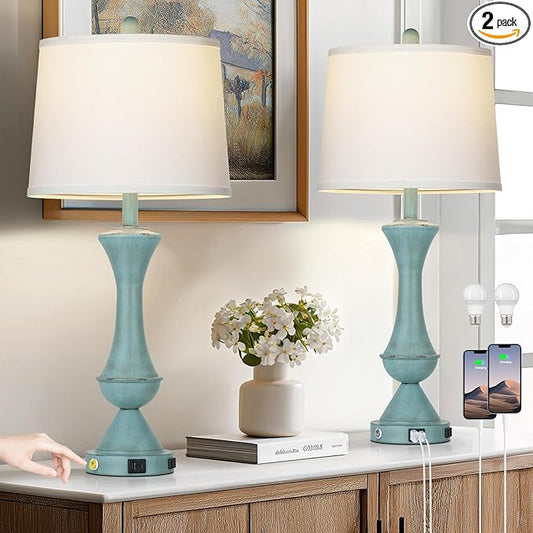 29" Tall Blue Table Lamps Set of 2 for Living Room, Touch Control Bedroom Lamps for Nightstand, 3-Way Dimmable Bedside Lamp with USB A+C Port &AC Outlets(2 LED Bulbs Included)