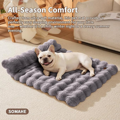 SOMAHE Cat Bed and Small Dog Bed Mat, Raised Pillow, 27 x 20 Inch, Gray | Self-Warming Fuzzy Faux Fur Surface, Soft Plush Pet Sleeping Pad for Indoor Cats, Machine Washable, Non-Slip Bottom