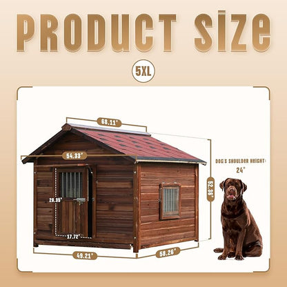 Extra Large Dog House Outdoor Made of Solid Pine Wood, Warm Doghouse, Dog House with Elevated Floor for Large Dogs, (Wood, 5XL)