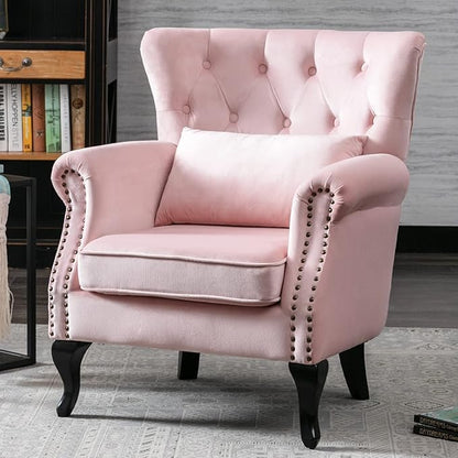 DM Furniture Set of 2 Mid Century Modern Accent Chair for Living Room, Velvet Armchair with Tufted Back and Wood Legs, Upholstered Lounge Armchair Single Sofa for Bedroom, Light Pink