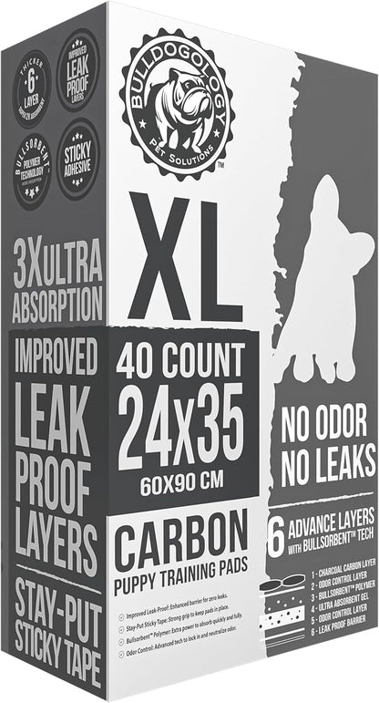 Bulldoglogy Carbon Black XL Dog Pee Pads for Extra Large Dogs with Adhesive Sticky Tape - Extra Large Charcoal Housebreaking Dog Pee Pads Disposable (24x35) (40-Count, Black)