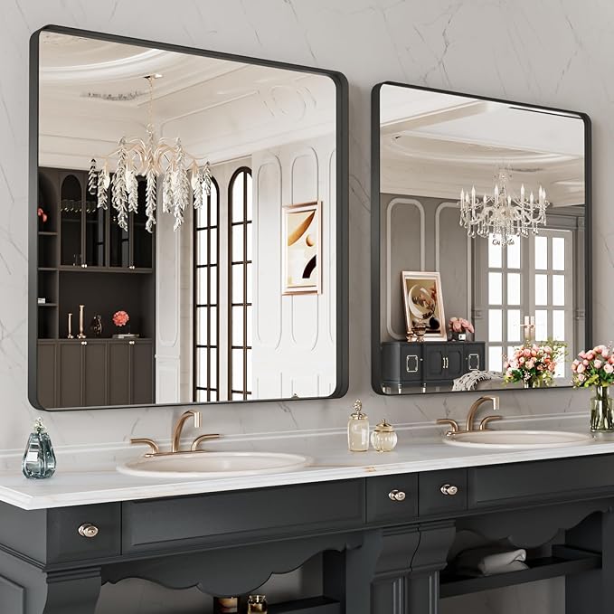 LOAAO 32X32 Inch Black Metal Framed Bathroom Mirror