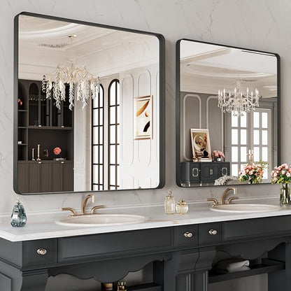 LOAAO 32X32 Inch Black Metal Framed Bathroom Mirror