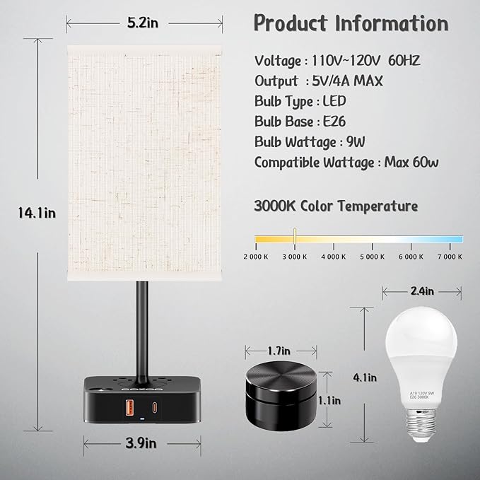 Bedroom Table Lamp with Remote Operation Control,Dimmable Bedside Table Desk Lamps with USB C+A Charging Ports 2 AC Outlets,Nightstand Lamp Flaxen Shade Lamp for Living Room,Dorm,Home Office,Decor